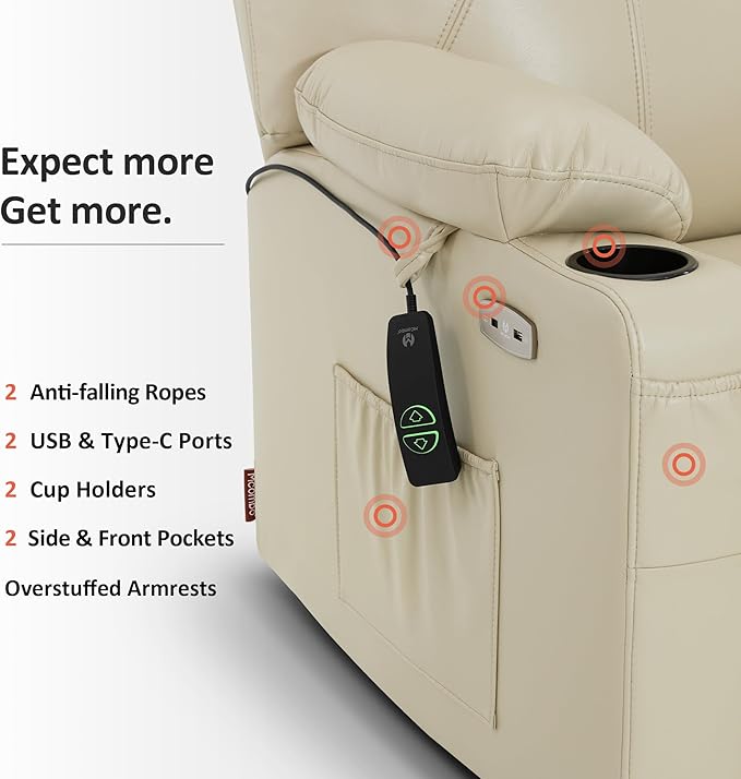 MCombo Extra Wide Power Lift Recliner Chair for Elderly, Lift Chair with Heat and Massage for Big People, USB&Type C Ports, Cup Holders, Faux Leather R7045 (Cream White, Medium-Wide)