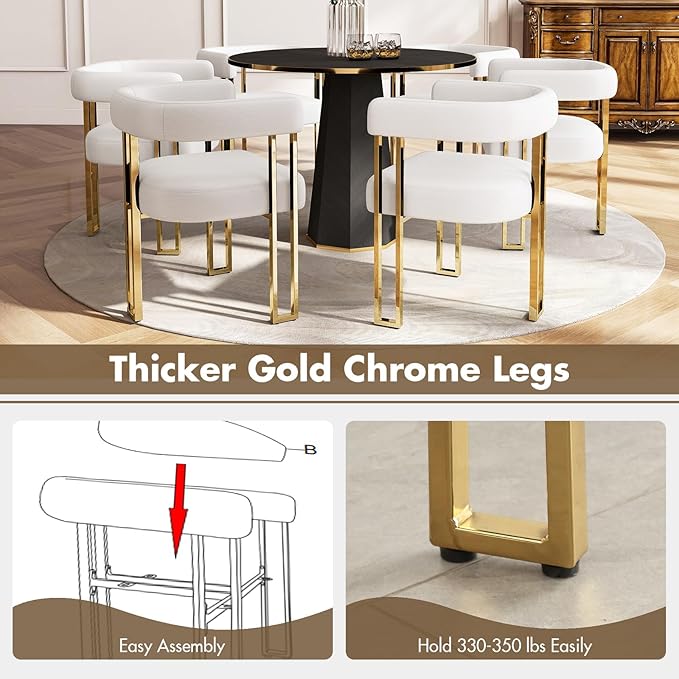 Set of 4 Beige and Gold Modern Dining Chairs, Velvet Upholstered Barrel Armchairs with Metal Legs for Kitchen Island, Mid Century Accent Chairs for Dining Room Living Room, Open-Back