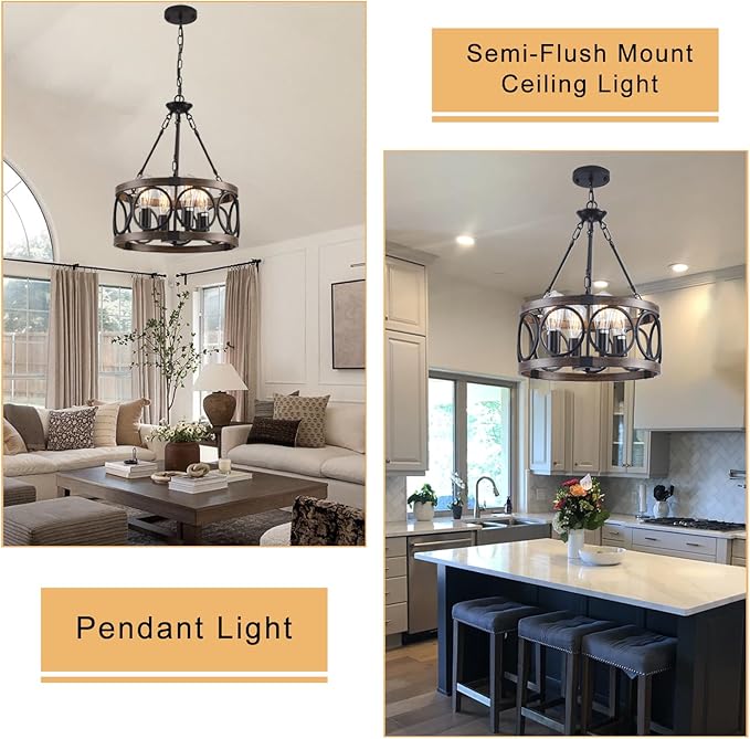 Light Fixtures Ceiling Mount Kitchen, 4 Light Black Semi Flush Mount Ceiling Light Fixture,Modern Dining Room Chandelier Over Table,Vintage Farmhouse Chandelier for Dining Room