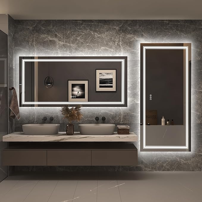 60x28 LED Lighted Mirror for Bathroom Wall, Large Vanity Mirror with Lights, Dimmable, Shatterpoof, Anti-Fog (Backlit and Front Lighted)
