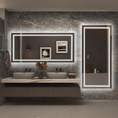 60x28 LED Lighted Mirror for Bathroom Wall, Large Vanity Mirror with Lights, Dimmable, Shatterpoof, Anti-Fog (Backlit and Front Lighted)