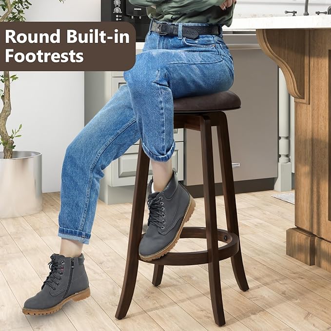 COSTWAY 29-Inch Swivel Bar Stools Set of 4, Upholstered Barstools w/PU Leather Seat & Solid Rubber Wood Legs, Mid-Century Backless Round Bar Height Stools w/Footrest for Kitchen Home Bar
