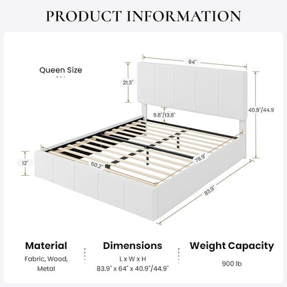 SHA CERLIN Queen Bed Frame, Velvet Upholstered Platform Bed Frame, Vertical Channel Tufted Adjustable Headboard, Low Profile Bed Frame, No Box Spring Needed, Easy Assembly, White