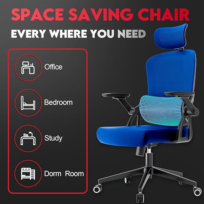 Ergonomic Office Chair - 400LB Comfy Desk Chairs with Adjustable Headrest and Lumbar Back Support, Mesh Computer Chairs with Wheels and Arms for Home Office, Study, Bedroom and Dorm (01blue)