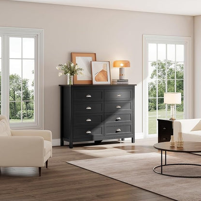 Black Dresser for Bedroom, Farmhouse 8 Drawer Double Dresser with Vintage Antique Handles, Modern Tall Dressers and Chest of Drawers for Bedroom