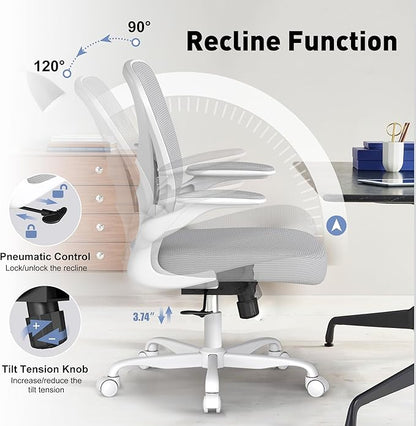 Ergonomic Office Chair Set of 2 with Adjustable Lumbar Support, Mesh Home Office Desk Chair with Wheels and Flip-up Arms, Grey
