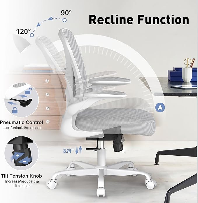 ZZH Ergonomic Office Chair with Adjustable Lumbar Support, Mesh Home Office Desk Chair with Wheels and Flip-up Arms, Grey