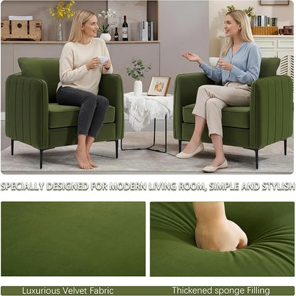 Velvet Accent Chairs Set of 2, Comfy Upholstered Single Sofa Chair Mid-Century Modern Armchair with Thick Cushion and Wood Frame Side Chair for Living Room Bedroom Apartment (Green)