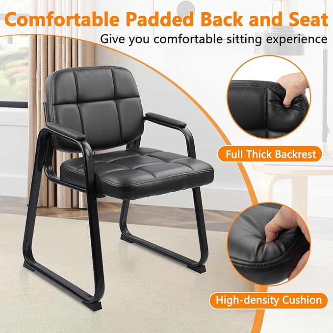 CLATINA Waiting Room Chairs no Wheels with Padded Arms Leather Guest Chair for Office Reception and Conference Desk with Sled Base Black, 4PK