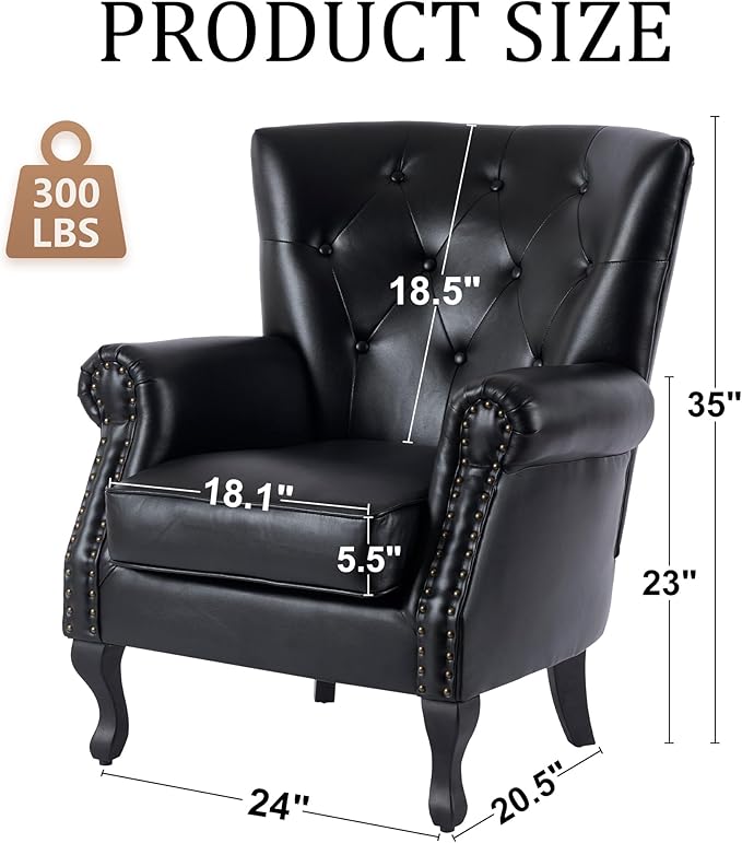Modern Accent Chair Set of 2, Mid-Century PU Leather Armchair with Solid Wood Legs, Single Sofa Chair for Living Room, Bedroom, Leisure Room, or Reading Room(Black)