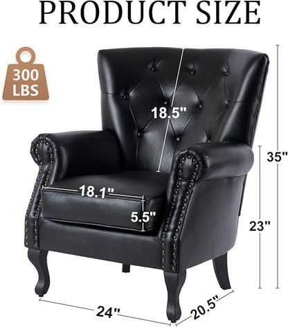 Modern Accent Chair Set of 2, Mid-Century PU Leather Armchair with Solid Wood Legs, Single Sofa Chair for Living Room, Bedroom, Leisure Room, or Reading Room(Black)
