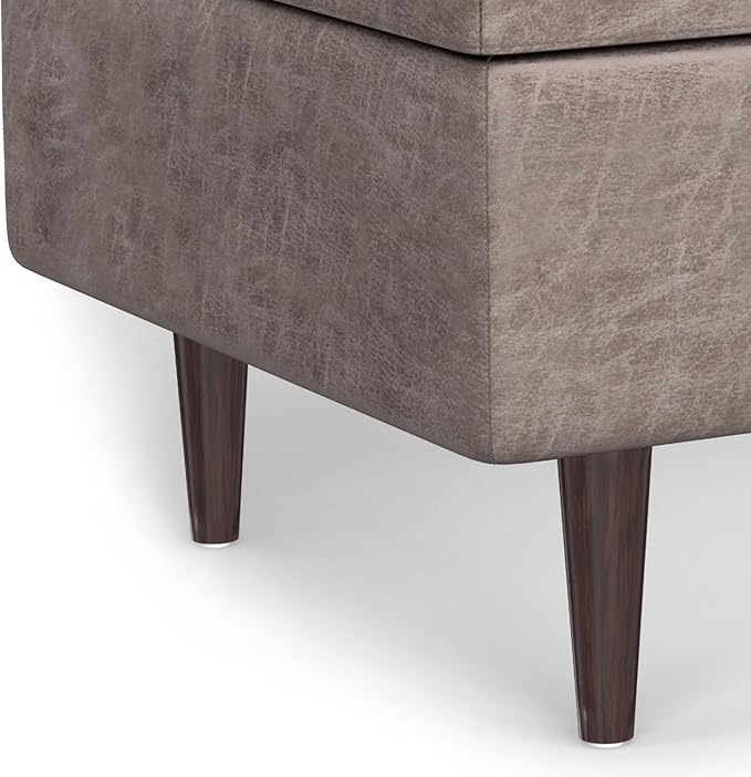 SIMPLIHOME Shay 34 inch Wide Mid Century Modern Small Rectangle Coffee Table Storage Ottoman in Distressed Grey Taupe Vegan Faux Leather, Assembled, for The Living Room and Entryway