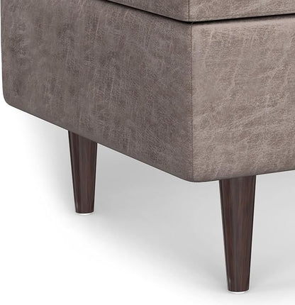 SIMPLIHOME Shay 34 inch Wide Mid Century Modern Small Rectangle Coffee Table Storage Ottoman in Distressed Grey Taupe Vegan Faux Leather, Assembled, for The Living Room and Entryway