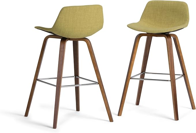 SIMPLIHOME Randolph Counter Stools (Set of 2) - 28 Inch Seat Height Upholstered Bentwood Kitchen Seats in Acid Green Linen Look Fabric, Mid Century Modern Seating with Curved Backrest and Footrest