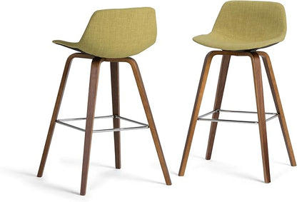 SIMPLIHOME Randolph Counter Stools (Set of 2) - 28 Inch Seat Height Upholstered Bentwood Kitchen Seats in Acid Green Linen Look Fabric, Mid Century Modern Seating with Curved Backrest and Footrest