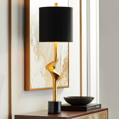 Possini Euro Design Minerva 32" Tall Large Modern Glam Luxury End Table Lamp Sculptural Gold Leaf Finish Marble Black Shade Living Room Bedroom Bedside Nightstand House Office Home Reading Kitchen
