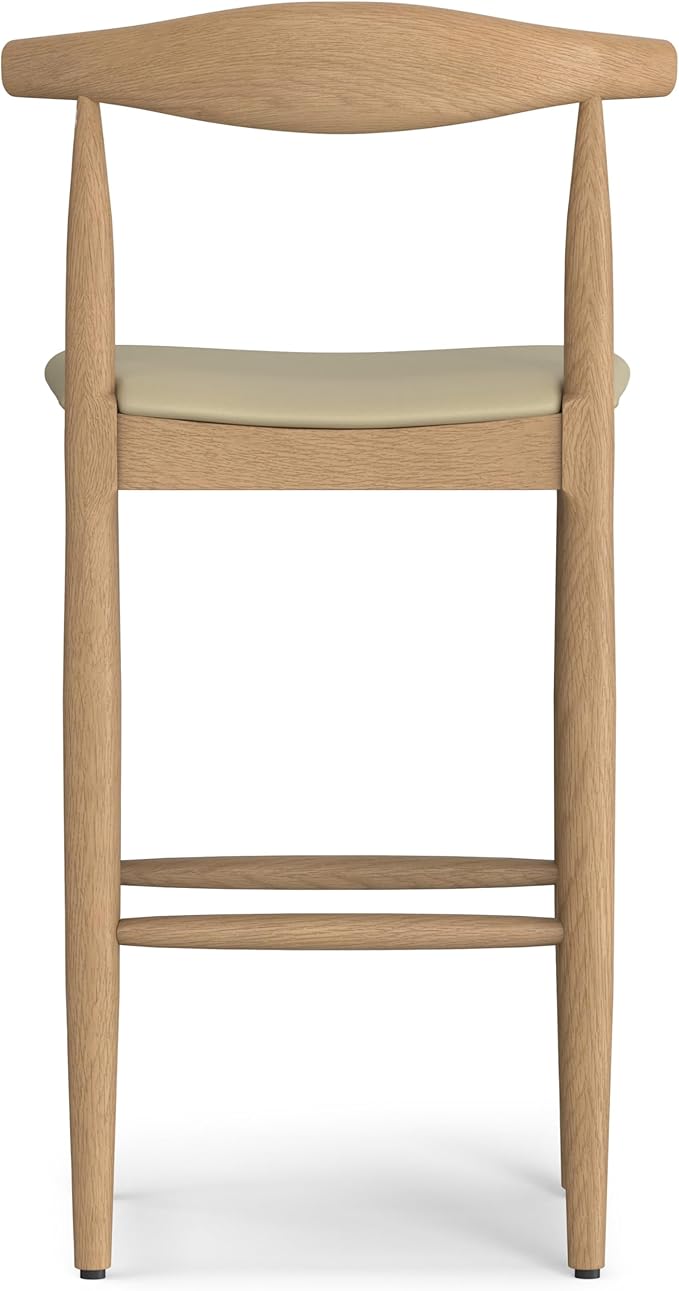 SIMPLIHOME Molly Bar Stool - 29 inch Seat Height Upholstered Wood Chair in Natural Faux Leather, Mid Century Seating for Kitchen or Bar with Contoured Back and Footrest, Fully Assembled