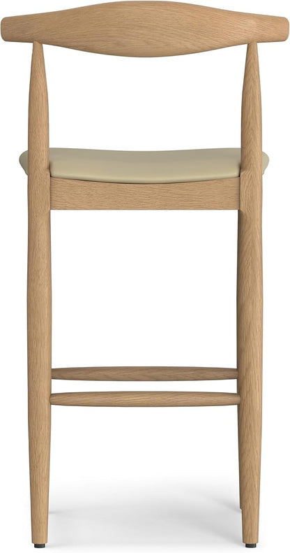 SIMPLIHOME Molly Bar Stool - 29 inch Seat Height Upholstered Wood Chair in Natural Faux Leather, Mid Century Seating for Kitchen or Bar with Contoured Back and Footrest, Fully Assembled