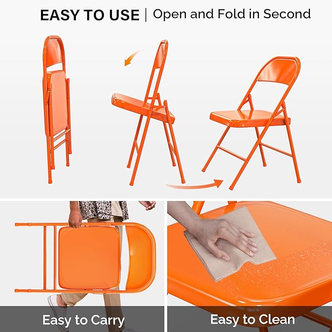 VINGLI Folding Chairs All Steel Metal Frame, Capacity 350 lbs, Durable Portable and Versatile for Indoor Outdoor Use, Orange, Set of 8
