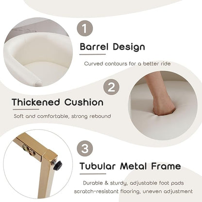 PU Leather Bar Stools Set of 3, Modern Upholstered Counter Height Bar stools 24" Leather Barstools Barrel Kitchen Counter Island Stools with Golden Metal Base, White