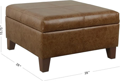 HomePop Faux Leather Square Storage Ottoman with Wood Legs, Brown