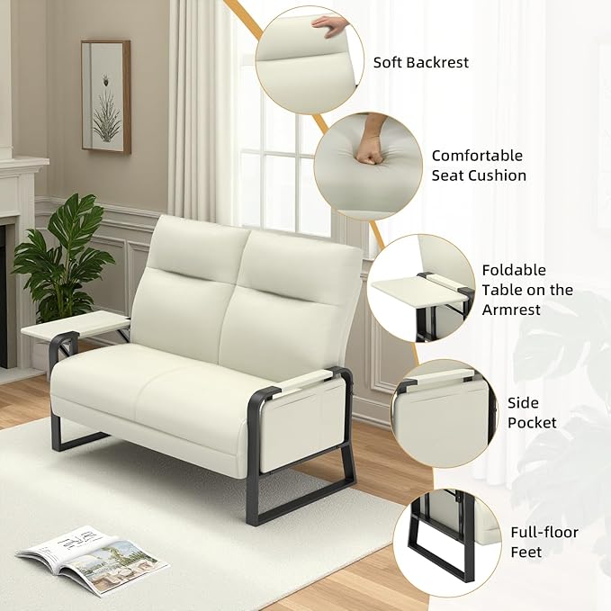 Faux Leather Loveseat Couch for Living Room Bedroom Office, Small Sofa 2 Seater Couch with Flip Up Tray Table Side Pockets Leather Loveseats, Beige