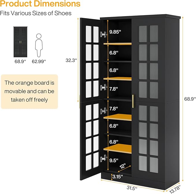 Tribesigns 70-Inch Tall Shoe Cabinet with Doors, 8-Tier Shoe Storage Cabinet with Adjustable Shelves, Modern Shoe Organizer Shoe Rack Cabinet for Entryway, Hallway, Closet, Living Room, Black and Gold