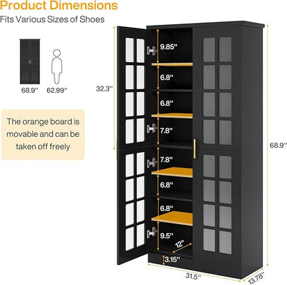 Tribesigns 70-Inch Tall Shoe Cabinet with Doors, 8-Tier Shoe Storage Cabinet with Adjustable Shelves, Modern Shoe Organizer Shoe Rack Cabinet for Entryway, Hallway, Closet, Living Room, Black and Gold