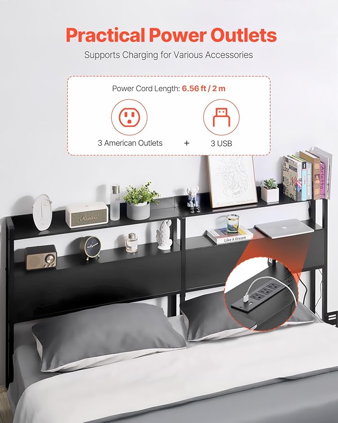 VEVOR Headboard for King Size Bed, Adjustable Height Headboard with 2 Shelves Storage, Freestanding Head Board with Charging Station and LED Light for Different Bed Frames, Easy Assembly, Black