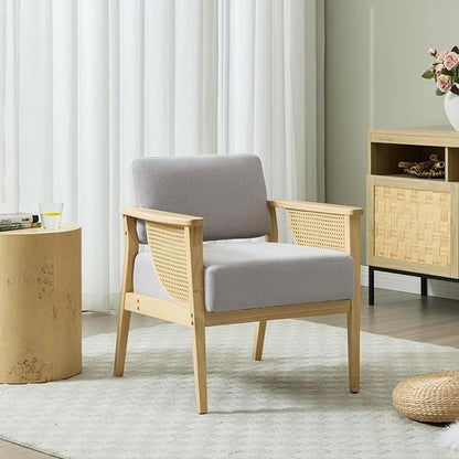 Mid Century Modern Accent Chair, Rattan Armchair with Wood Legs Living Room Chair Linen Upholstered Lounge Chair for Bedroom Reading Room, Grey