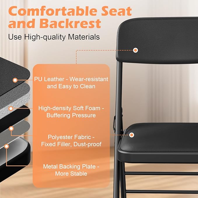 Folding Chairs 4 Pack with Padded Cushion and Back, Metal Folding Chairs with Comfortable Cushion and Durable Steel Frame Capacity for Home, Office, Party and Outdoor Events (PU-Black, 4 Pack)