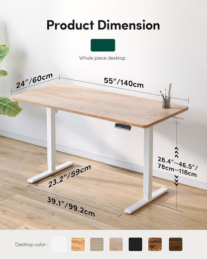 FEZIBO One-Piece Standing Desk Adjustable Height Stand up Home Office Desk, 55x24 Inch Electric Standing Computer Desk, with 4 Memory Presets, Headphone Hook, Maple