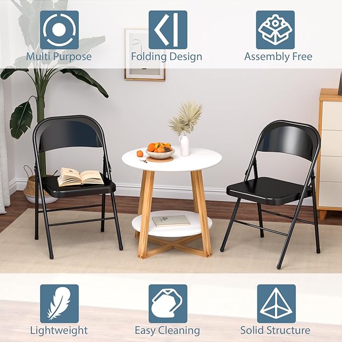 V&LX Folding Chairs All Steel Frame with Double Hinged for Wedding, Banquets, Celebrations, Dinning, Office Kitchen Patio and Garden, Set of 4, Black