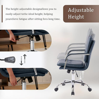 Mid-Back Ergonomic Leather Office Chair, Modern Upholstered Executive Desk Chair with Gold Frame Armrest Computer Task Chair (Dark Blue &Silver Legs)