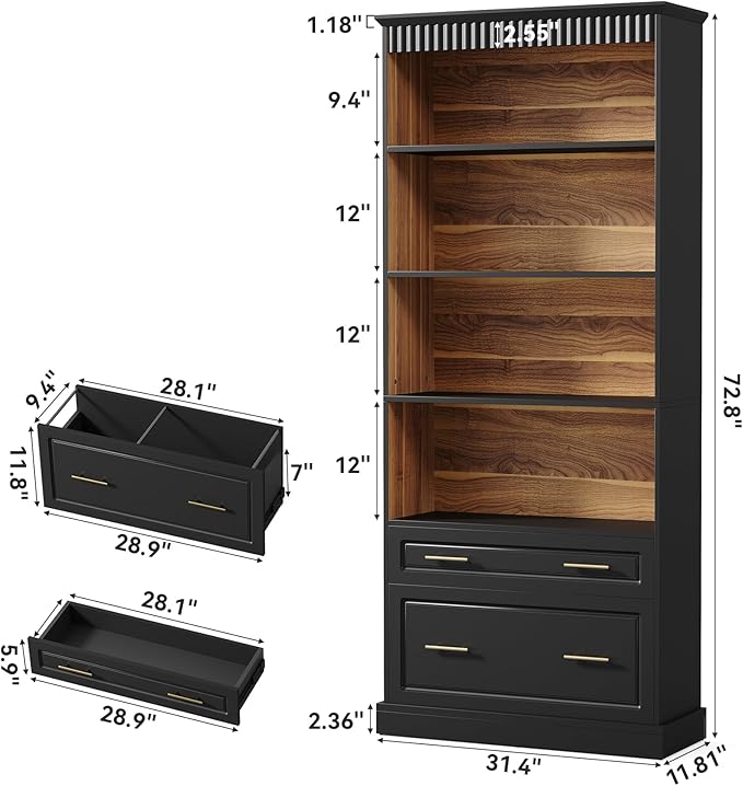 LITTLE TREE 72" Tall Black Bookcase, 5-Tier Office Bookself with File Cabinet Drawers,Modern Floor Standing Storage Filing Cabinet Book Shelf for Living Room,Bedroom