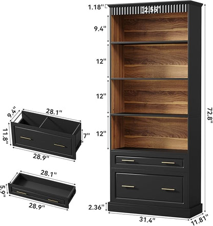 LITTLE TREE 72" Tall Black Bookcase, 5-Tier Office Bookself with File Cabinet Drawers,Modern Floor Standing Storage Filing Cabinet Book Shelf for Living Room,Bedroom