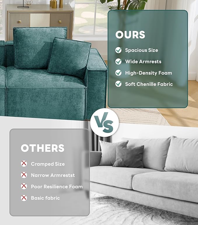 WILLOVE Modular Sectional Sofa Set, Chenille Cloud Couch with Wide Armrests & 8 Pillows, Deep Seat Couches for Living Room, 6-Seater Green