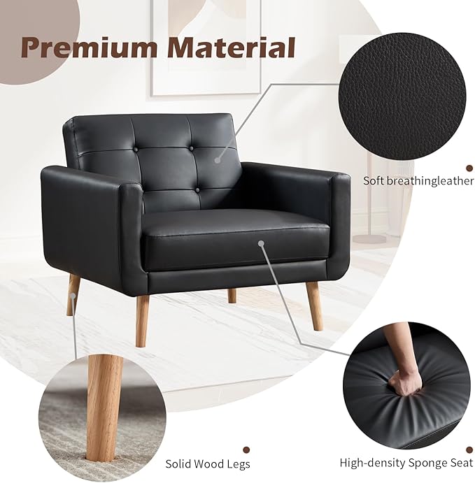 CANMOV 29" W Oversized Leather Accent Chair Set of 2, Armchair Button Back, Mid Century Modern Accent Chairs for Living Room, Modern Upholstered Bed Room Chair Cozy Armchair with Wood Legs, Black