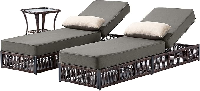 Luxury Outdoor Chaise Lounge Chairs of 2 with 5 Inch Thick Cushions and Side Table - 3 PCS High Back Brown Wicker Rattan Patio Recliners Lounger Furniture Set for Poolside Sunbathing - Grey