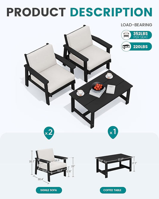 SERWALL HDPE Outdoor Couch, Black Frame and Khaki Cushion