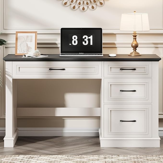 Farmhouse 47" Executive Desk, Computer Desk with Drawers and File Drawer, Workstation Computer Desk with Charging Station for Home Office, Study,Black.