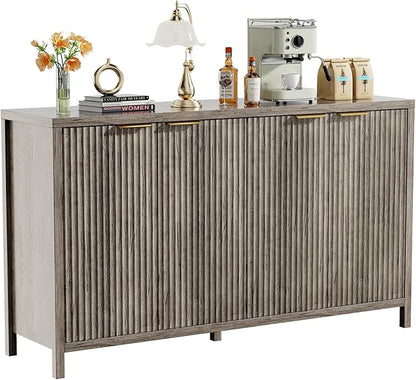 Fluted Sideboard Buffet Cabinet, 55" Large Storage Buffet Cabinet with 4 Doors and Adjustable Shelves, Modern Sideboard Console Table for Living Room,Entryway,Dinning Room,Kitchen-Grey