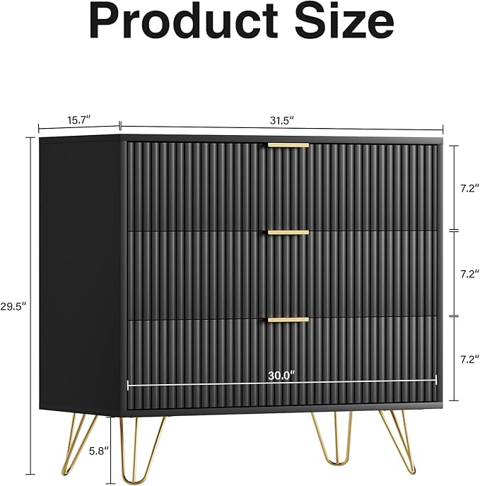 Black Dresser for Bedroom, Fluted Modern Dresser with Gold Pulls and 3 Drawers, 15.7" D x 31.5" W x 29.5" H