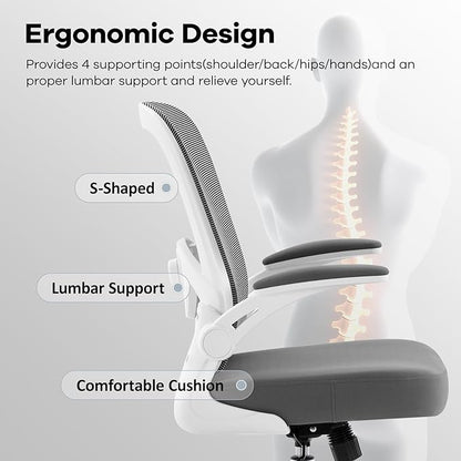Office Chair,Ergonomic Mesh Desk Chair with Adjustable Lumbar Support,Computer Chair with Flip-up Armrests, Rolling Executive Chairs, Home Office Chair(Grey)