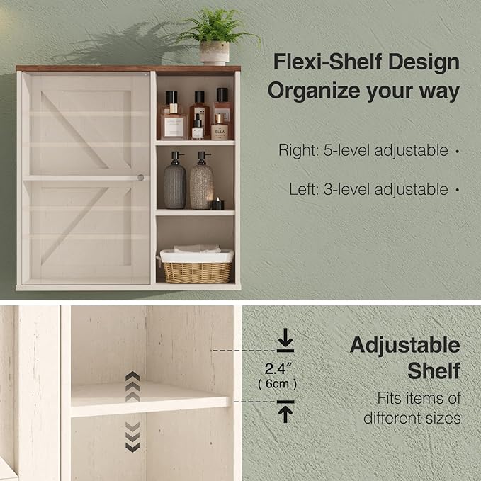 Bathroom Wall Cabinet, Farmhouse Medicine Cabinet with Barn Doors and Adjustable Shelves, 24'' Kitchen Wall Mounted Cabinet, Floating Over Toilet for Kitchen, Living Room