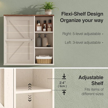Bathroom Wall Cabinet, Farmhouse Medicine Cabinet with Barn Doors and Adjustable Shelves, 24'' Kitchen Wall Mounted Cabinet, Floating Over Toilet for Kitchen, Living Room