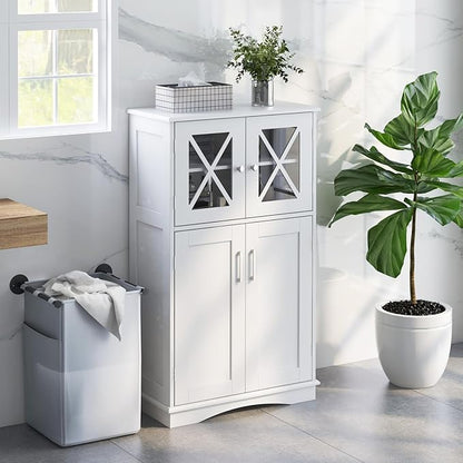 Giantex Bathroom Floor Storage Cabinet - Linen Floor Cabinet with Doors and Adjustable Shelves, Freestanding Side Storage Organizer for Bathroom, Living Room, Entryway, Kitchen Storage Unit (White)