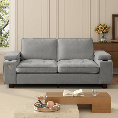 84" Loveseat Couch for Living Room,Modern Chenille Upholstered Sofa with Adjustable Storage Armrest,Cup Holders,USB & Type-C Ports,Solid Wood 2-Seater Loveseat Sofa for Apartment(Gray)
