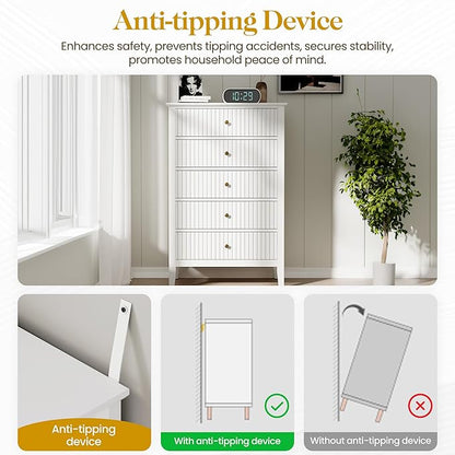 RoyalCraft White Fluted 5 Drawer Dresser for Bedroom, Tall Chest of Drawers, Waterproof Lacquered Desktop,Modern Wood Storage Cabinet for Living Room