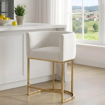 Contemporary Cream Velvet Bar Stool, 24" Upholstered Fabric Counter Height Barstool Kitchen Counter Island Stool with Screwed Together Golden Metal Base